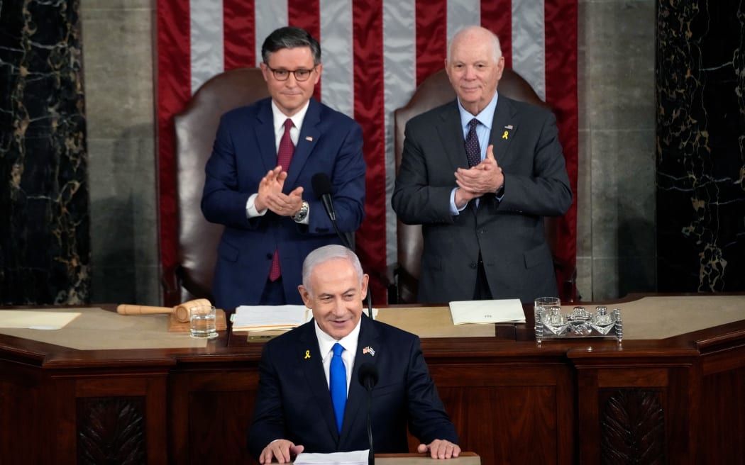 WASHINGTON, DC - JULY 24: Israeli Prime Minister Benjamin Netanyahu addresses a joint meeting of Congress in the chamber of the House of Representatives at the U.S. Capitol on July 24, 2024 in Washington, DC. Netanyahu’s visit occurs as the Israel-Hamas war reaches nearly ten months. A handful of Senate and House Democrats boycotted the remarks over Israel’s treatment of Palestine.   Kent Nishimura/Getty Images/AFP (Photo by Kent Nishimura / GETTY IMAGES NORTH AMERICA / Getty Images via AFP)