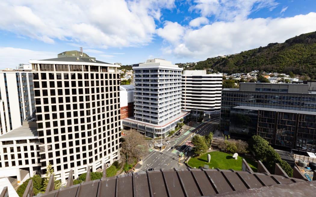 A view from the roof of the Beehive, including the Treasury, Reserve Bank Education, and Ministry of Defence.