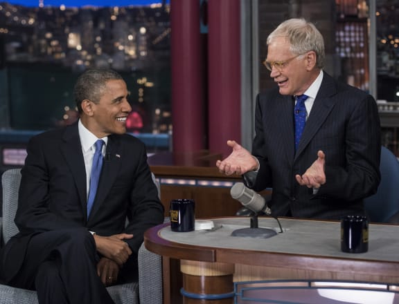 President Barack Obama and David Letterman on Letterman's show during the 2012 presidential campaign.