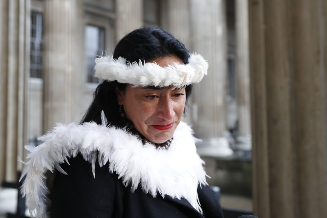 Tarita Alarcon Rapu, Governor of Easter Island gives a press conference outside the British Museum in London after requesting the return of Hoa Hakananai'a, an ancestor figure 'moai' from the museum on November 20, 2018.