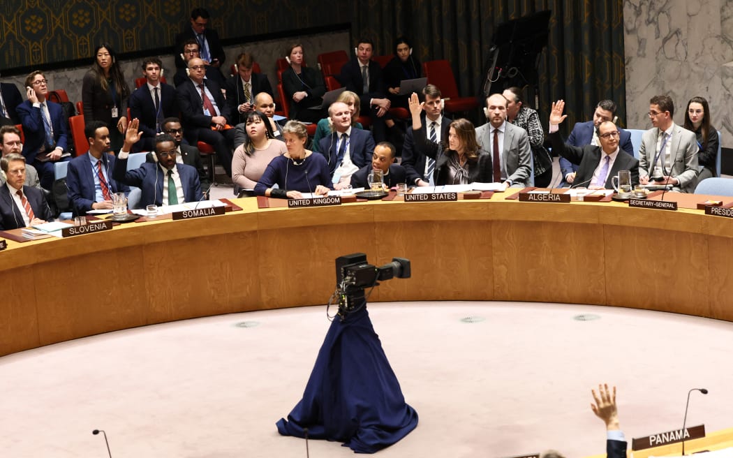 Members of the United Nations Security Council raise their hands to vote during a meeting on maintenance of peace and security of Ukraine at the United Nations headquarters on 24 February, 2025 in New York City.