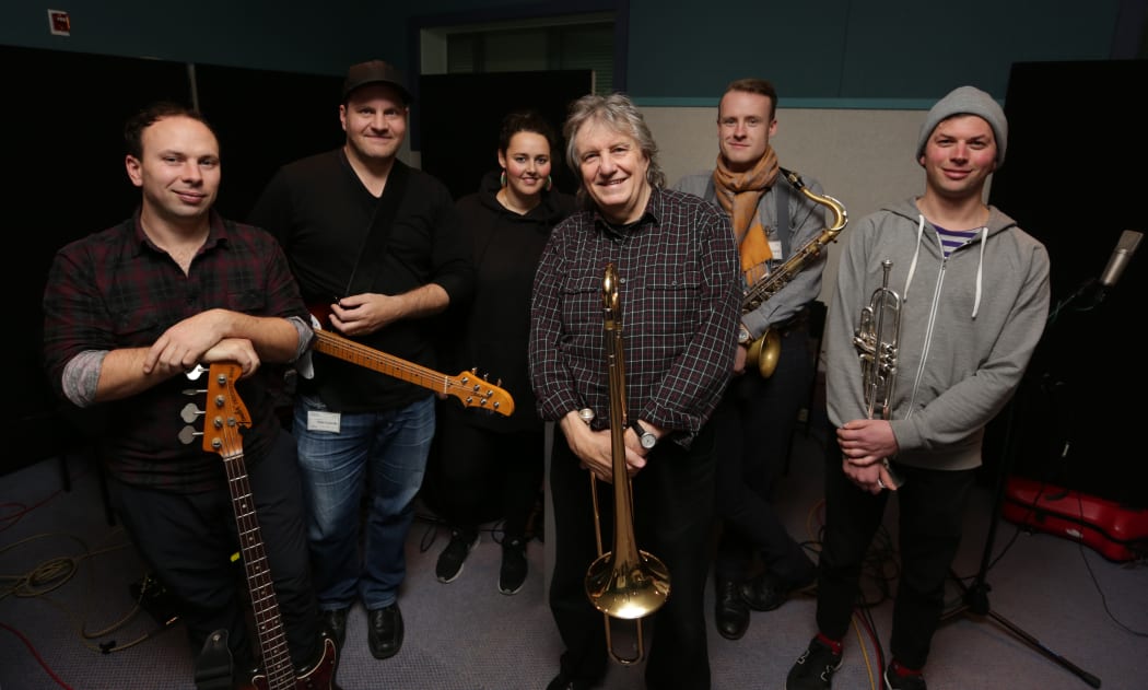 The Rodger Fox Band: (L-R) Rory Macartney, Nick Granville, Lauren Ellis, Rodger Fox, Oscar Laven, Ben Hunt