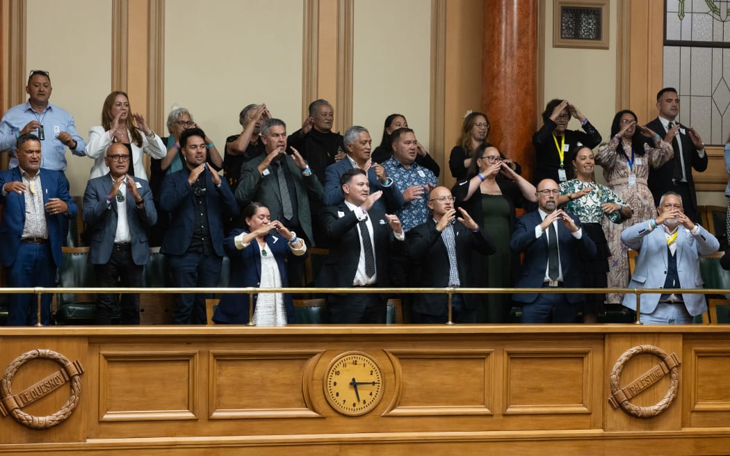 Taranaki Iwi leaders in Parliament's public gallery sing in celebration at the passing of the Taranaki Maunga redress bill.