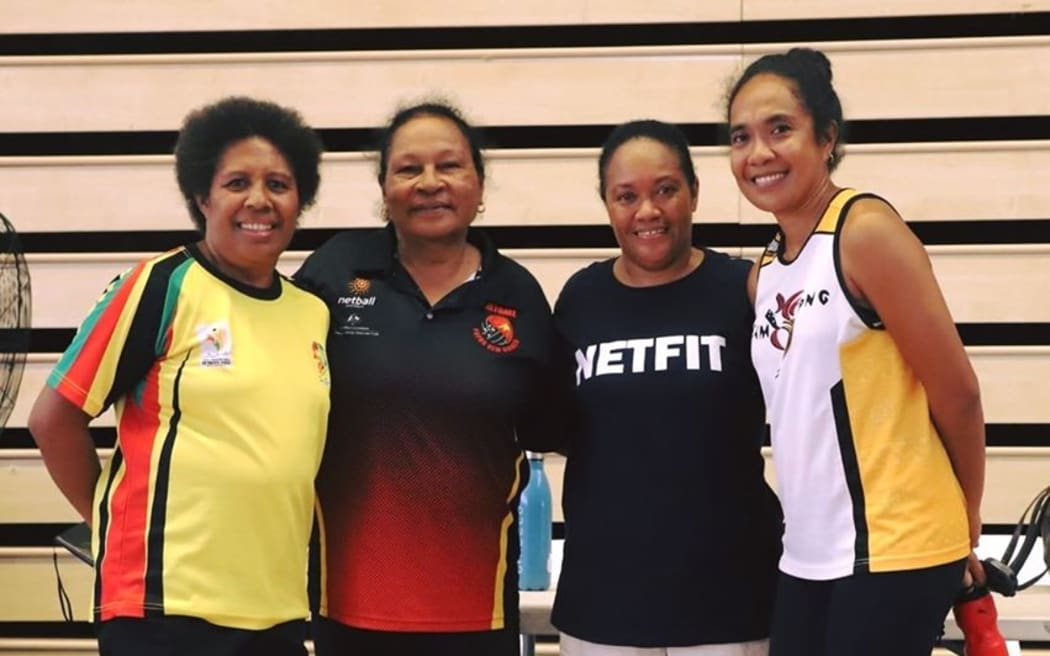 PNG U21 netball coaching staff led by Annie Iamo and assistants Manama Opina Helen Edwards and Wini Mavara.