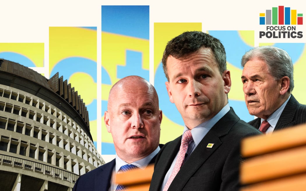 Focus on Politics: Composite of David Seymour, Christopher Luxon, Winston Peters, and the Beehive.