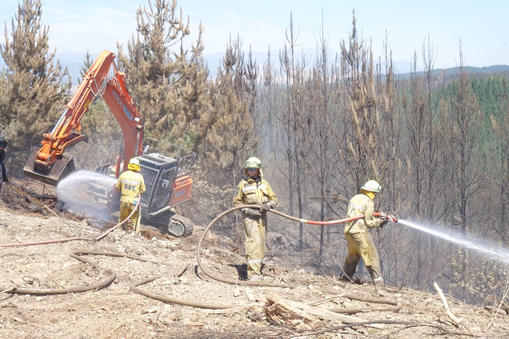 Firefighters tackle fire in Moutere North Forest in north-eastern sector of fire zone near Nelson.