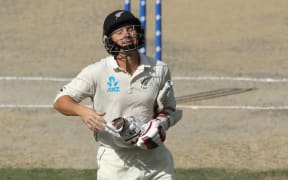 Black Caps wicketkeeper/batsman BJ Watling reflects with disappointment after his dismissal.