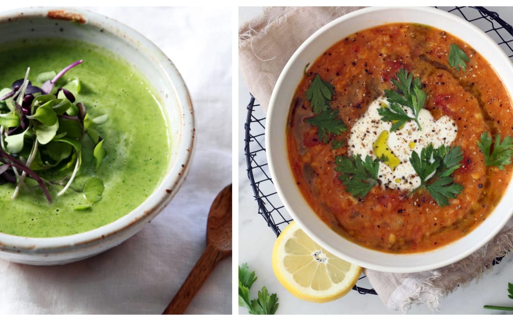 Thai spinach and coconut soup (L) and red lentil, lemon and rosemary soup