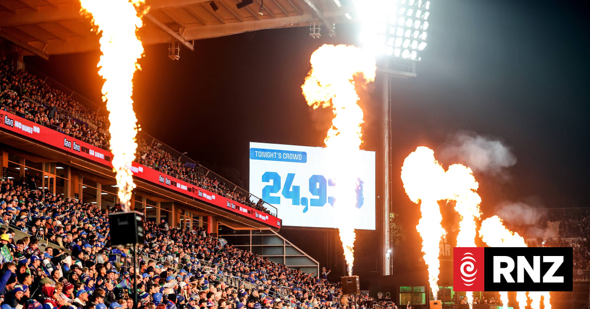 General view of scoreboard showing crowd attendance figure of 24,938 fans and supporters, New Zealand Warriors v