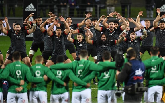 Māori All Blacks perform a haka ahead of the start of the match against Ireland at FMG Waikato Stadium, Hamilton, New Zealand on 29 June 2022.