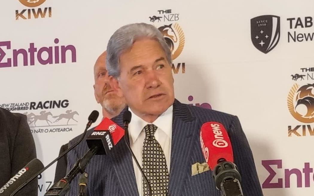 Winston Peters talks at a media conference called by New Zealand Thoroughbred Racing