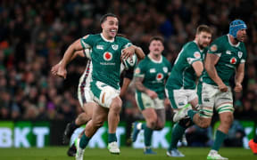 James Lowe during the Guinness Six Nations 2025 match between Ireland and England at Aviva Stadium.