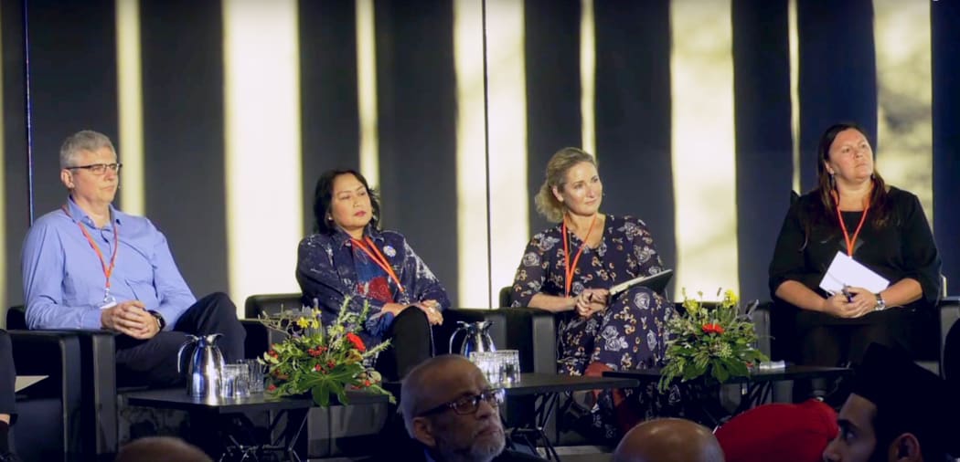 Senior editors from RNZ, Stuff and NZME take questions at He Whenua Taurikura - along with AUT senior lecturer Khairiah Rahman.