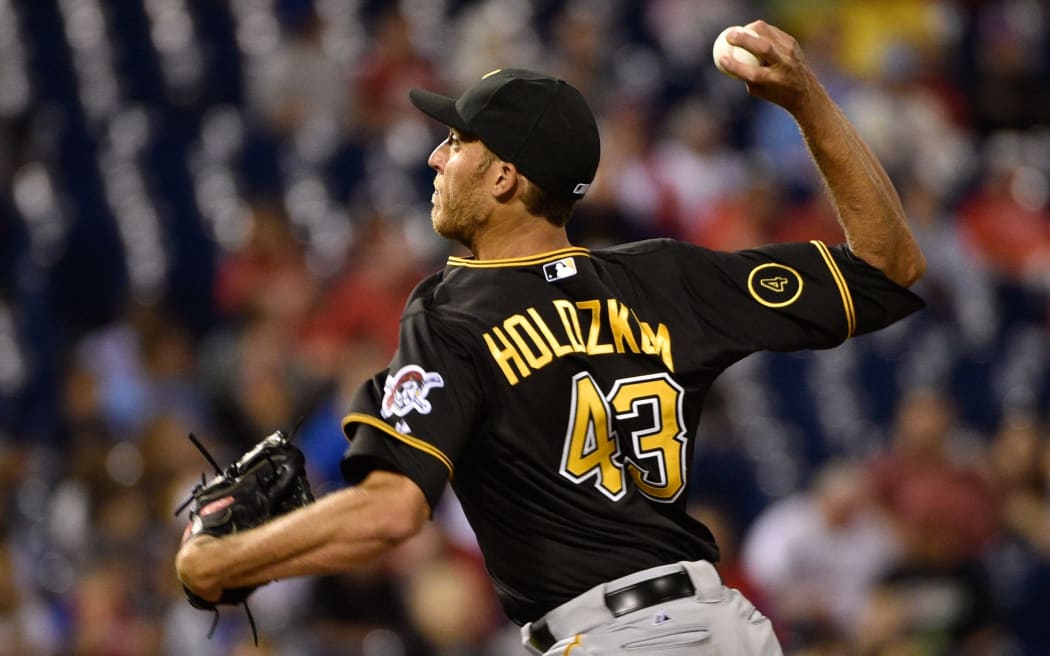Pittsburgh Pirates relief pitcher John Holdzkom of New Zealand in action. 2014.