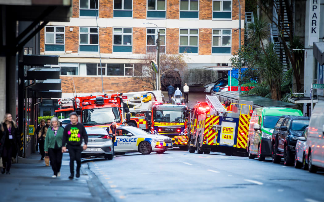 Emergency services attend a fire on Boulcott Street, Wellington.