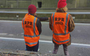 Restore Passenger Rail protest in Wellington on the morning of 4 September, 2023. Protesters sat down on the stretch of State Highway 1 just ahead of the northern entrance to the Terrace Tunnel about 8am.