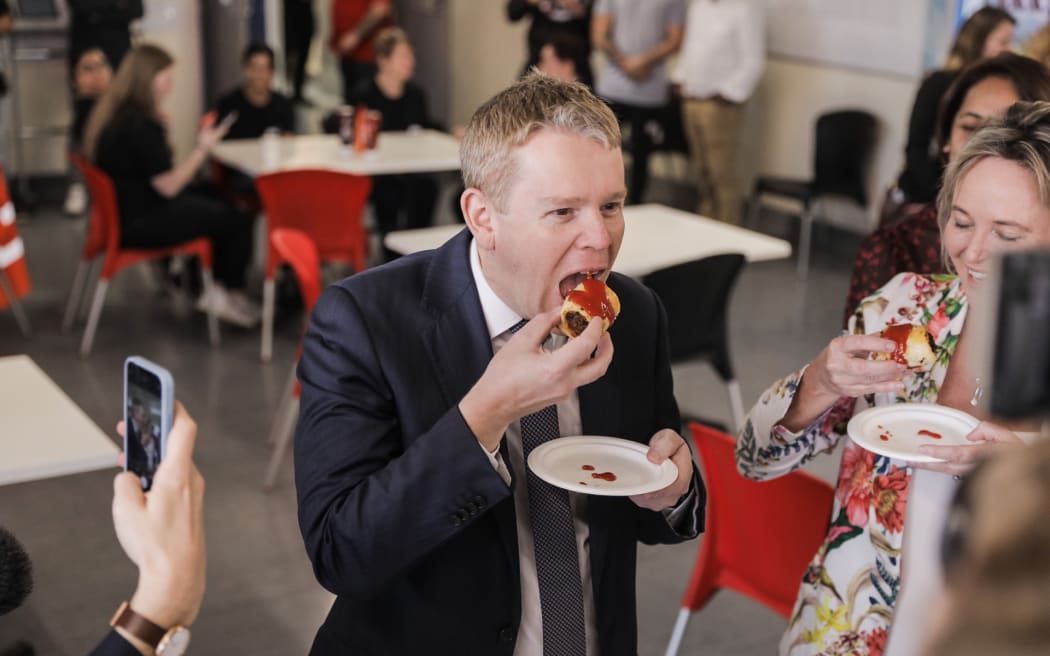 Labour leader Chris Hipkins and Labour MP for Tukituki Anna Lorck visit the Watties factory in Napier while on the campaign trail on 21 September 2023.