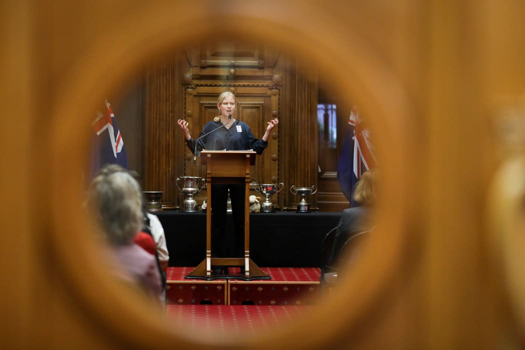 Julia Randerson (Wellington High School) seen remonstrating through the 'port hole' of the Legislative Chamber's doors