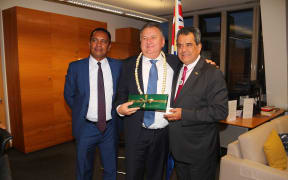New Zealand's associate minister of Finance, Shane Jones, (centre) meets with the president of French Polynesia Edouard Fritch, (right) in Wellington.