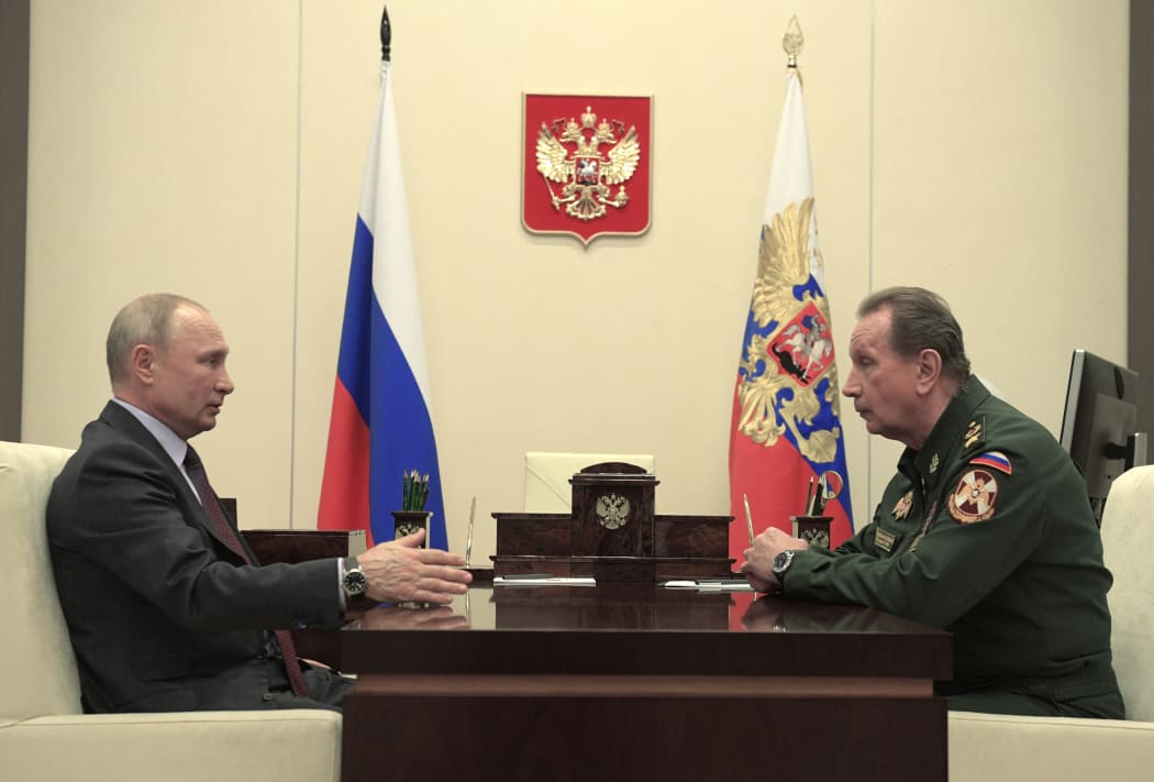Russian President Vladimir Putin meets with chief of the National Guard Viktor Zolotov at the Novo-Ogaryovo state residence outside Moscow on May 6, 2020.