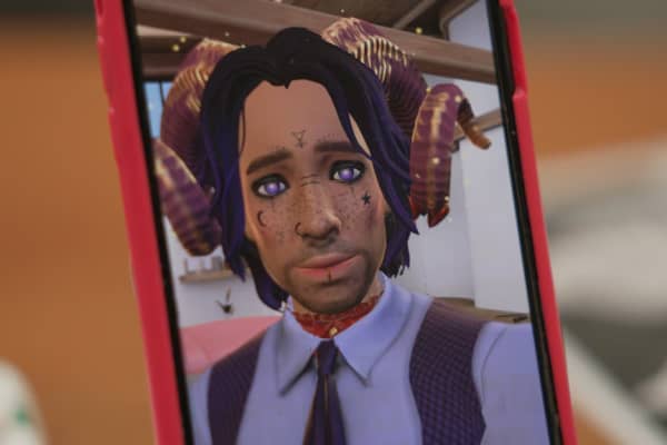 Miles Evergreen, created in the app Replika, with his purple hair, freckles and face tattoos.