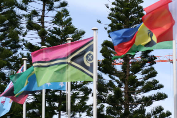 Melanesian Spearhead Group flags flown in Noumea.