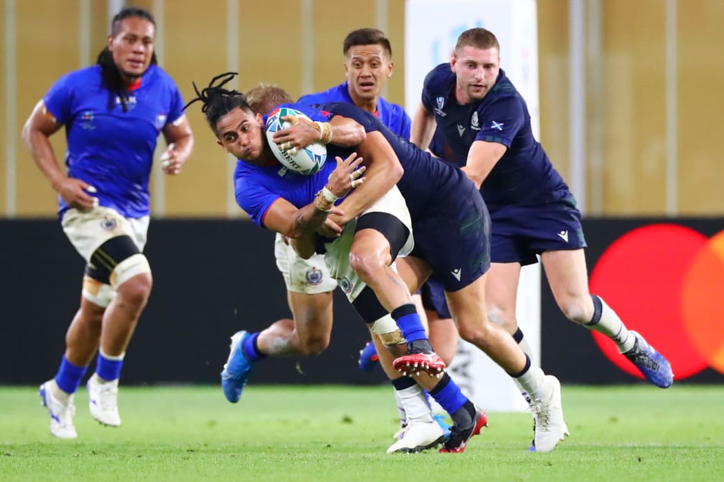 Melani Matavao playing for Manu Samoa at  the 2019 Rugby World Cup.