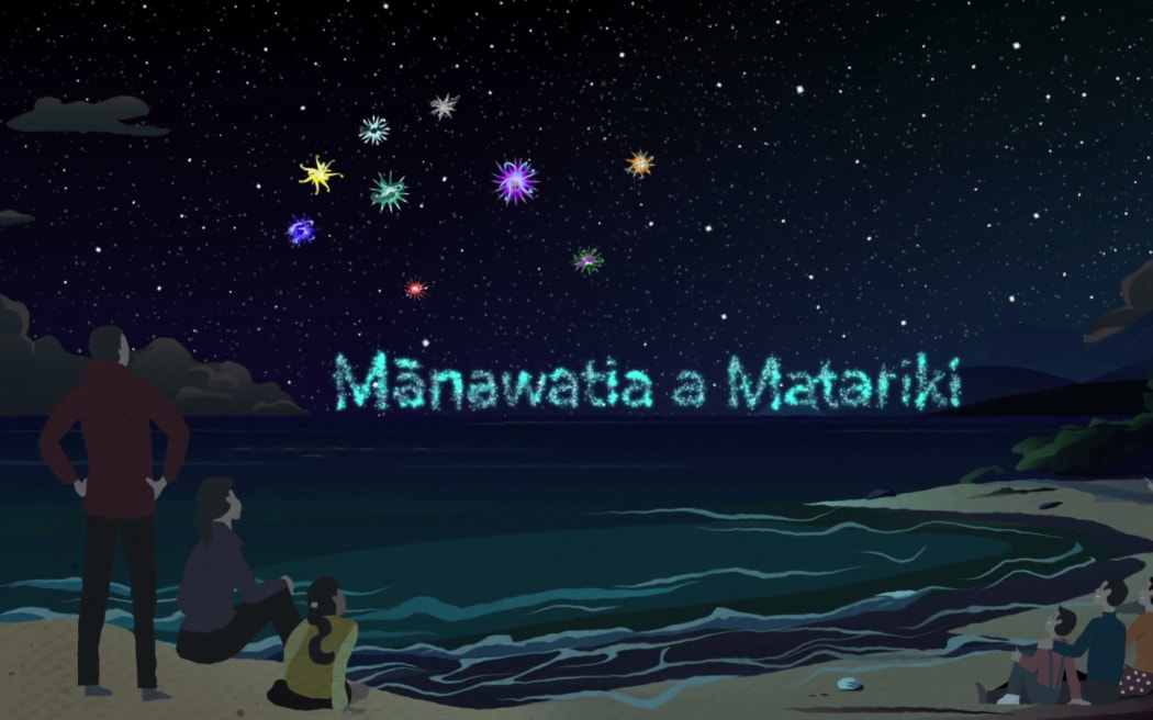 An illustartion of the Matariki star cluster with the words 'Manawatia a Matariki'.