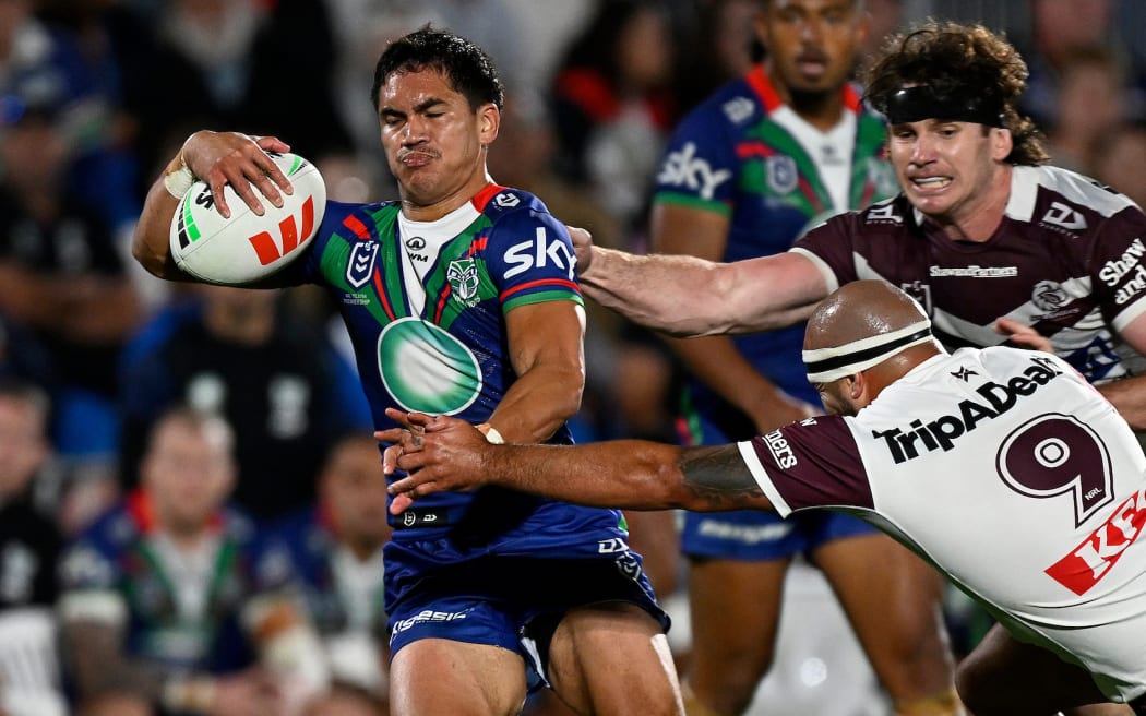 Taine Tuaupiki in action for One NZ Warriors v Manly Warringah Sea Eagles.