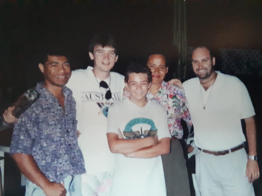 Former students of Gil Layt's flying school pictured with a young, Julian Layt.