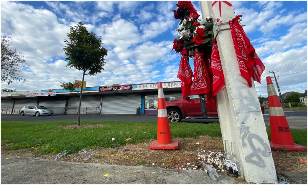 A memorial to 26 year old Arthur Brown, outside the Vine Street shops in Māngere East.