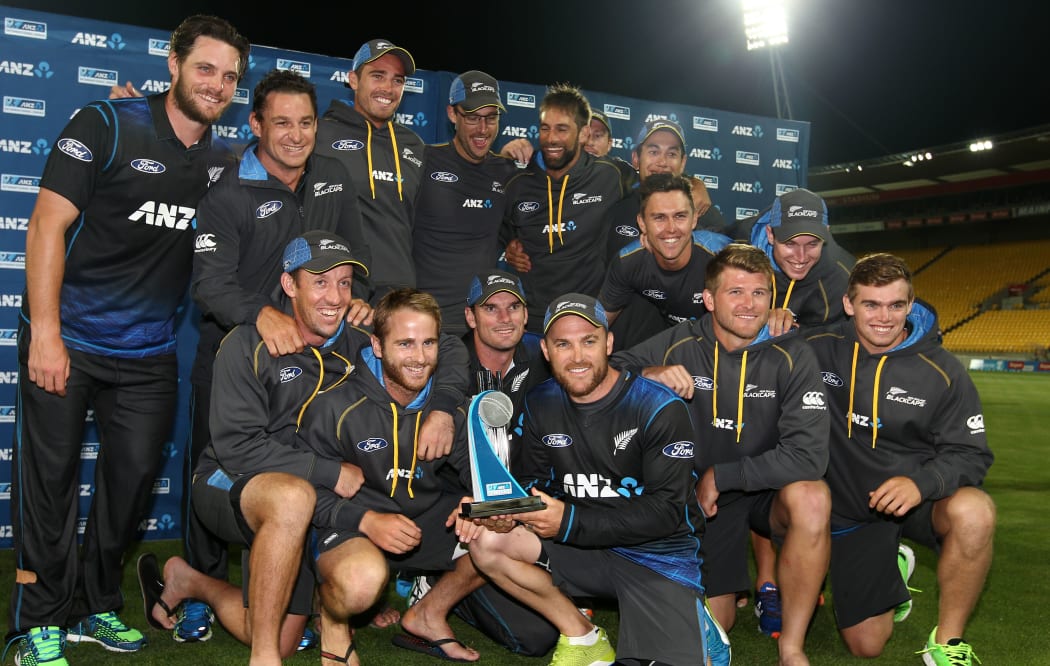 Black Caps celebrate ODI series win against Sri Lanka 2015.