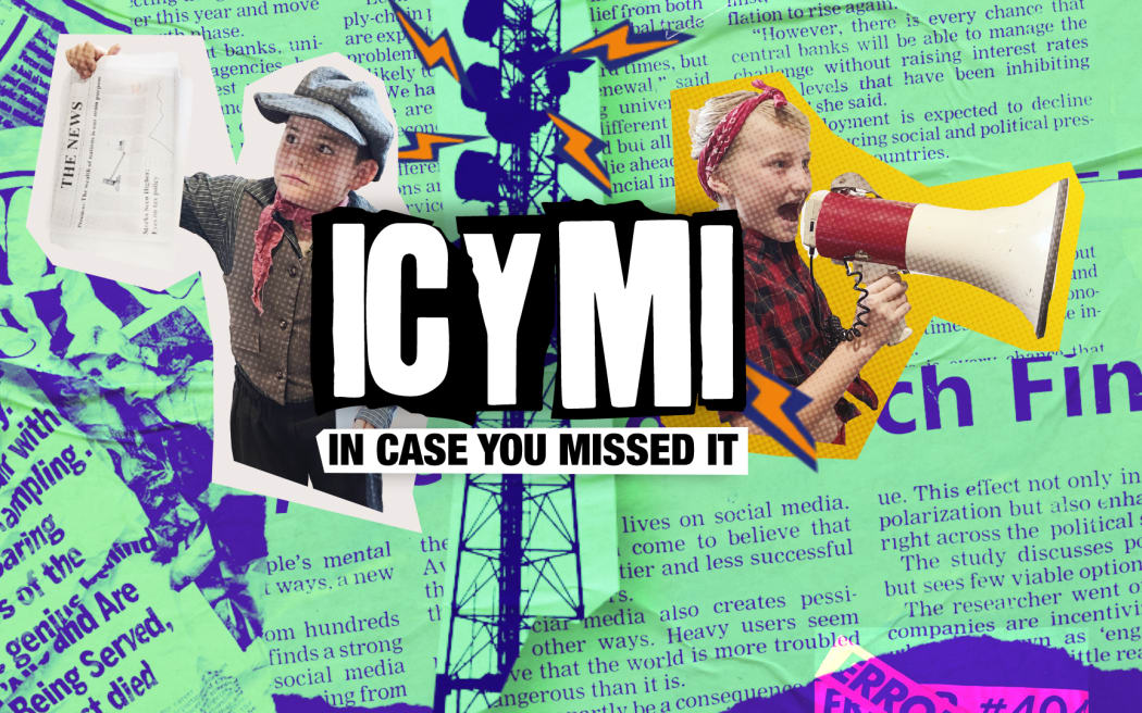 A vibrant collage-style image with a backdrop of text from a newspaper. In the center, there is a silhouette of a broadcast tower with orange lightning bolts around it. In large, bold letters, 'ICYMI' is displayed with 'IN CASE YOU MISSED IT' below it. On the left, a boy dressed as an old-fashioned newsboy holds up a newspaper. On the right, a girl with a red bandana and a plaid shirt shouts into a megaphone.