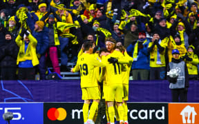 Bodø/Glimt players celebrate a goal against Manchester City, Champions League 2026.