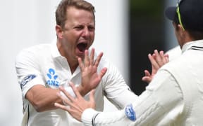 Black Caps bowler Neil Wagner celebrates taking the wicket of Sri Lankan captain Angelo Matthews.