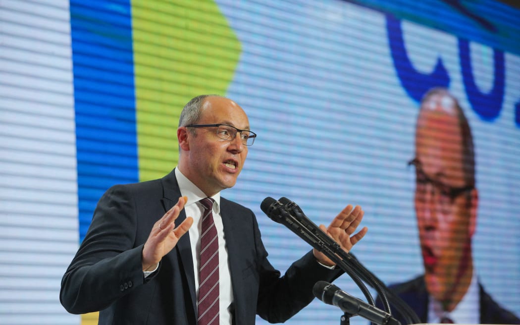 Ukrainian Parliamentary Speaker Andriy Parubiy delivers a speech during the congress in Kyiv, Ukraine, May 31, 2019. The European Solidarity political party congress is held in Kyiv, Ukraine. (Photo by Sergii Kharchenko/NurPhoto) (Photo by Sergii Kharchenko / NurPhoto via AFP)
