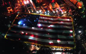 An aerial view of a huge USA flag is seen as 'The People's Convoy' are seen in Hagerstown of Maryland, United States on March 5, 2022 as they are planned head to nation's capital on Sunday.
