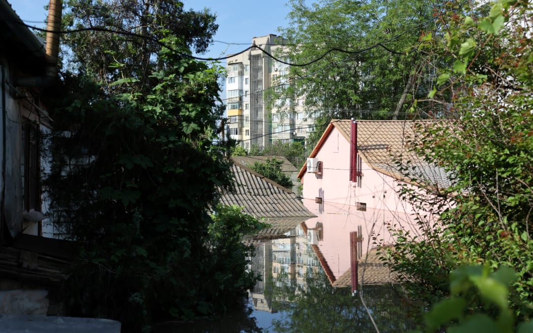 Houses in a flooded area of Kherson, on 7 June 2023, following the destruction of Kakhovka dam.