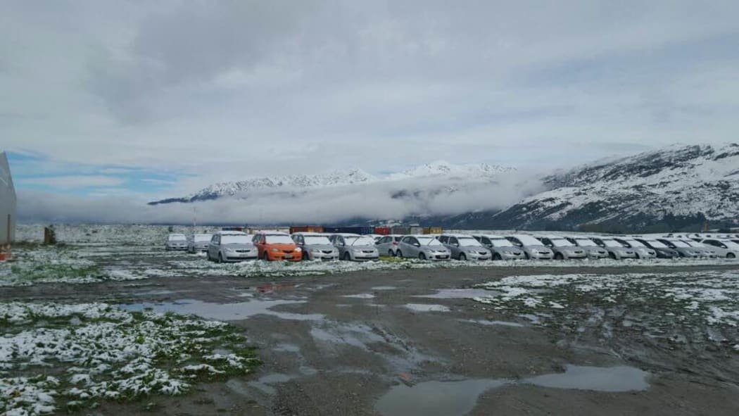 Rental cars in Queenstown covered in snow.
