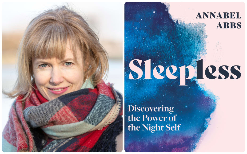 Annabel abbs next to the cover of her book "Sleepless".