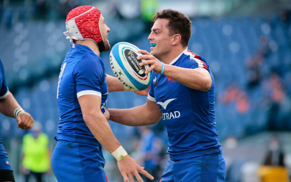 Arthur Vincent (France) celebrates after his try with Gabin Villiere during the 2021 Six Nations championship rugby union match between Italy and France on January 6, 2021 at Stadio Olimpico in Rome, Italy