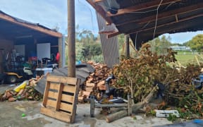 Tornado damage on Westdale Road, Tasman. The roof of a large shed has been blown off.