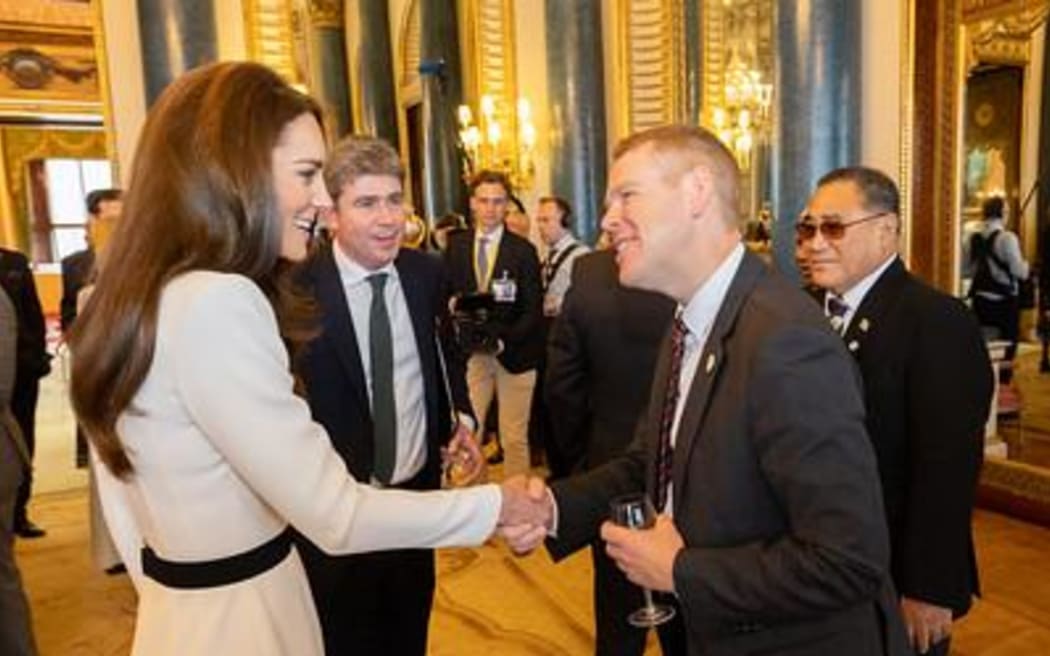 Prime Minister Chris Hipkins meets Catherine, Princess of Wales, at a Buckingham Palace reception for world leaders and dignitaries who flew in to London for the coronation.