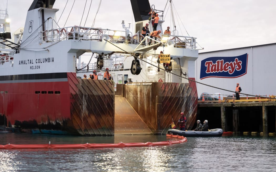 Greenpeace activists have occupied Talley’s bottom trawler, Amaltal Columbia, stopping it from leaving port.