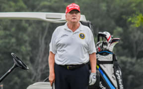 Former President of the United States Donald J. Trump plays golf during the LIV Golf Bedminster 2023 Pro-Am at Trump National Golf Club Bedminster in Bedminster, New Jersey on August 10, 2023. (Photo by Kyle Mazza/NurPhoto) (Photo by Kyle Mazza / NurPhoto via AFP)