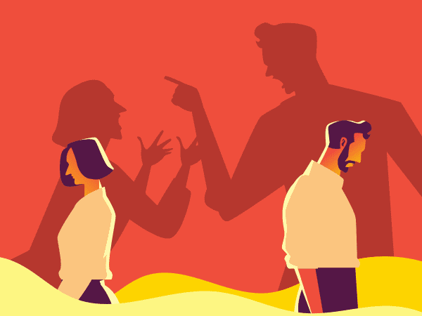 A couple back to back with their shadows showing them arguing.