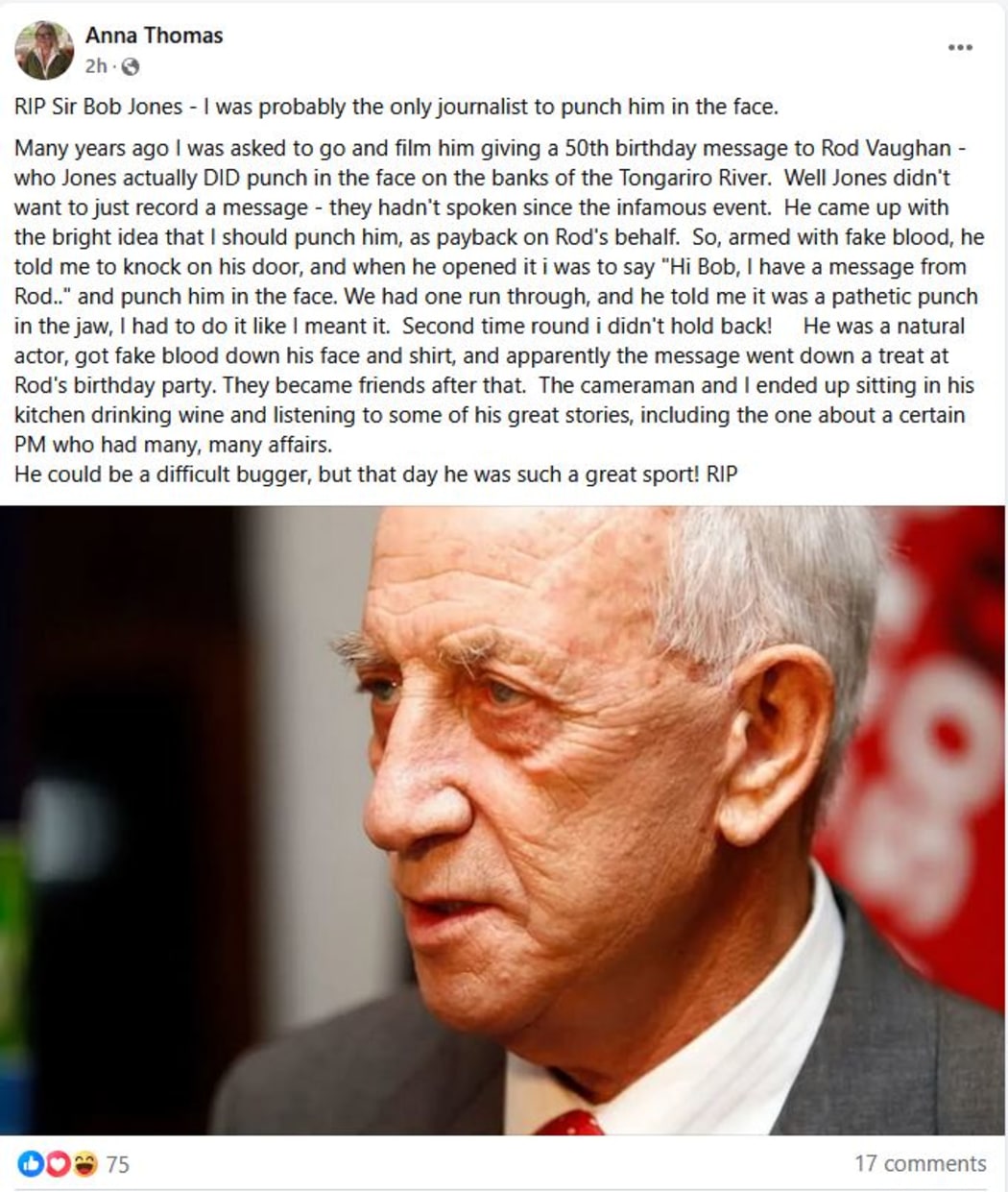 Broadcaster Anna Thomas posted one of her memories regarding Sir Bob Jones on Facebook.