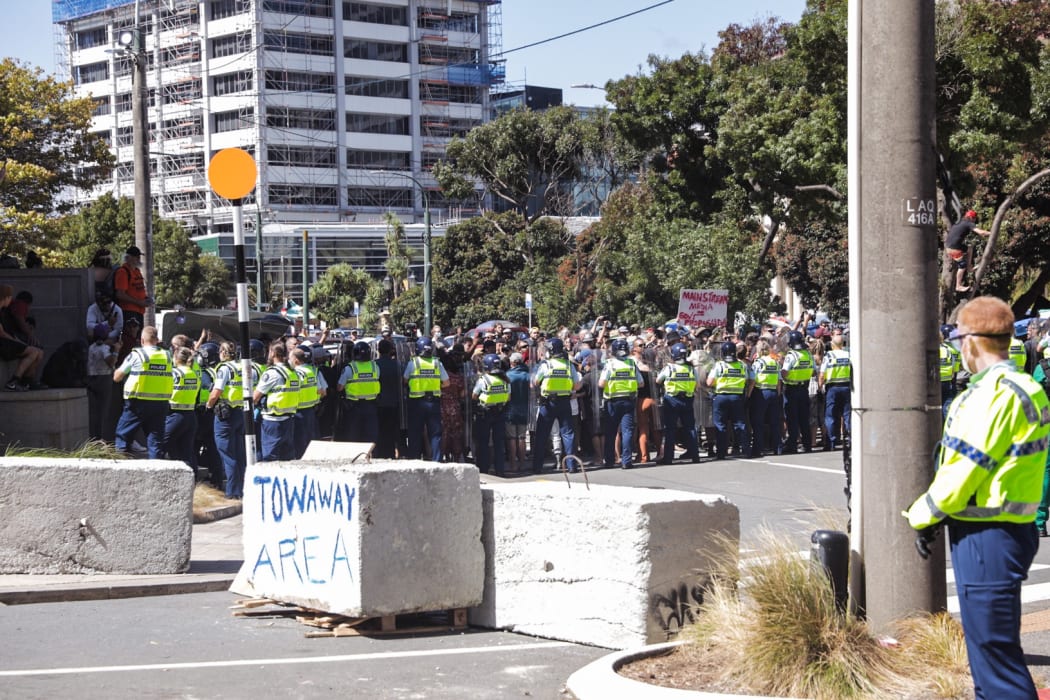 Police at Covid convoy protest - Parliament, Wellington on 24 February.