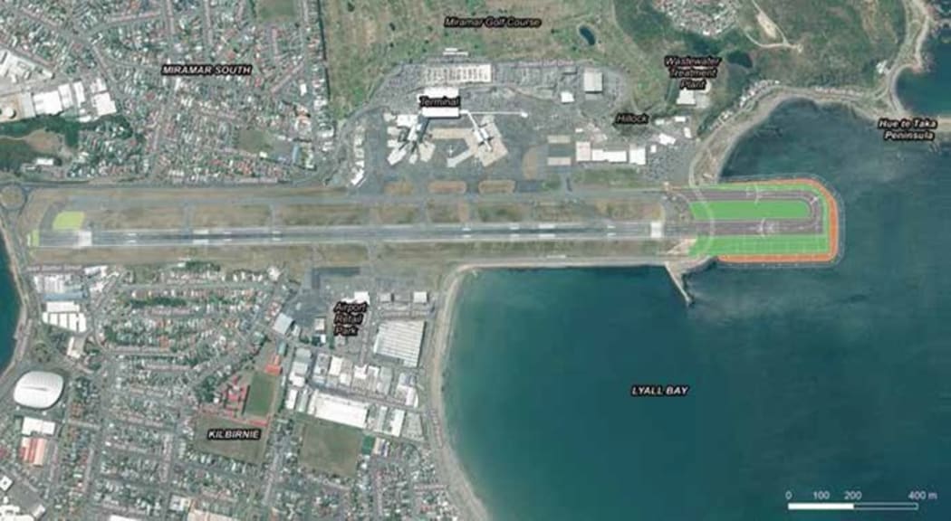 Wellington Airport with a rendering of the proposed extension.
