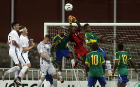 The All Whites on attack in their final pool game against Solomon Islands which they won 1-nil.